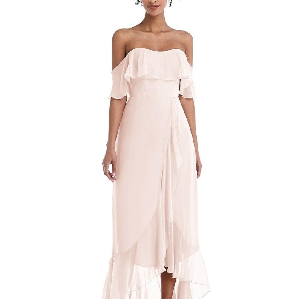 Off-the-Shoulder Ruffled High Low Maxi Dress in Blush...TH039....Size 4...NWT